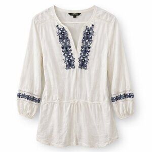 Ralph Lauren White Navy Embroidered Boho Peasant Tunic Petite L